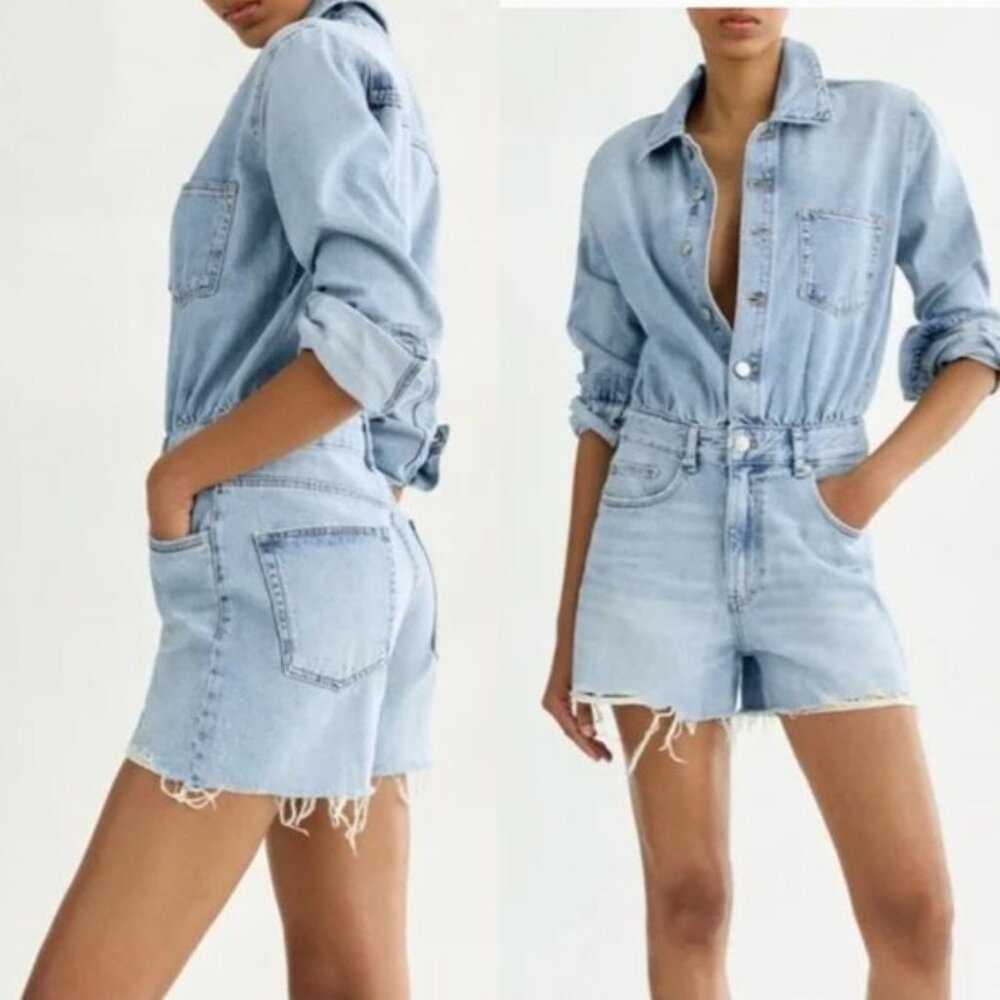Zara Long Sleeve Jean Denim Jumpsuit Romper Size XS